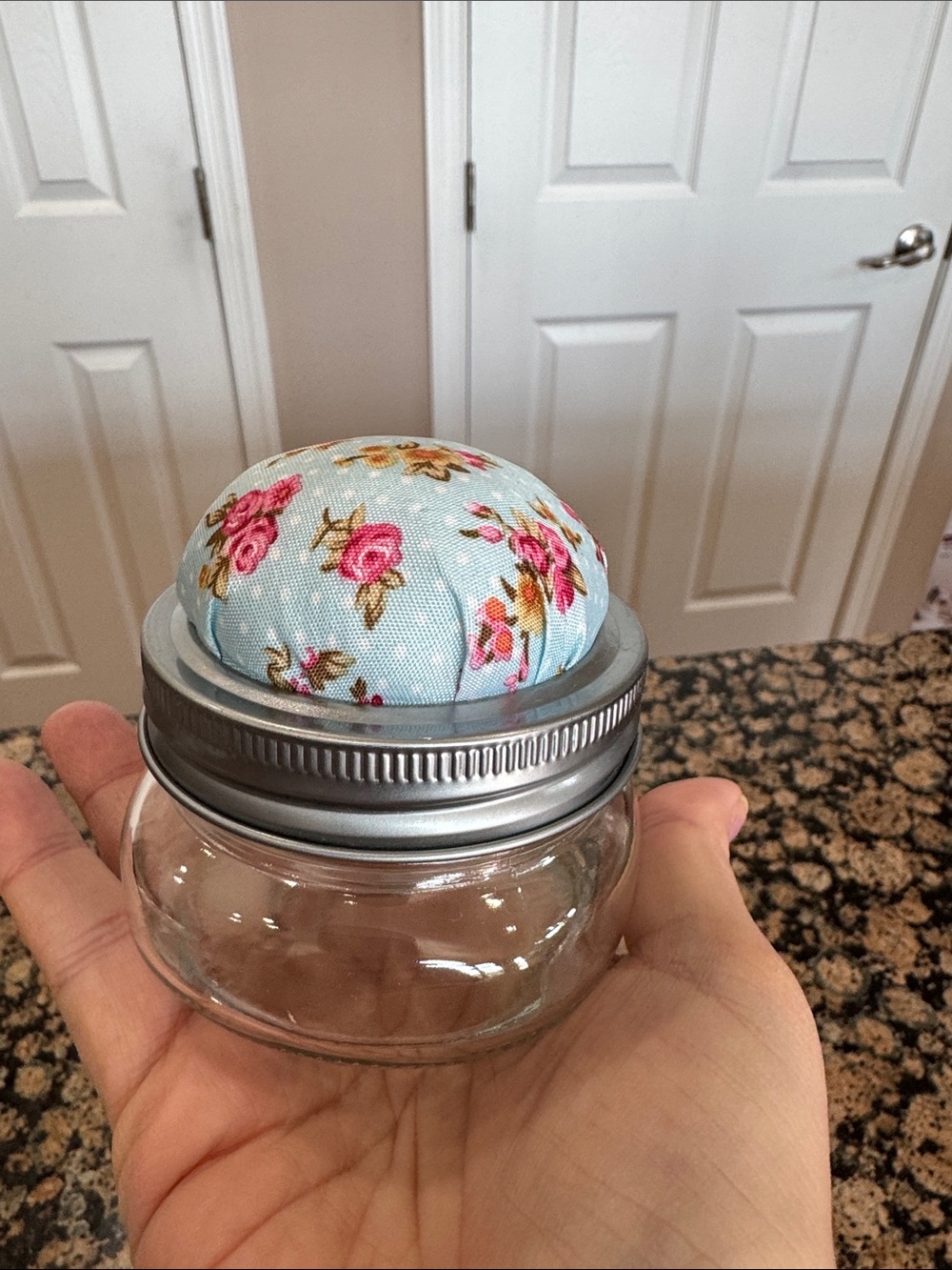 Glass Mason Jar Pincushion Lid with Floral Fabric Pin Cushion